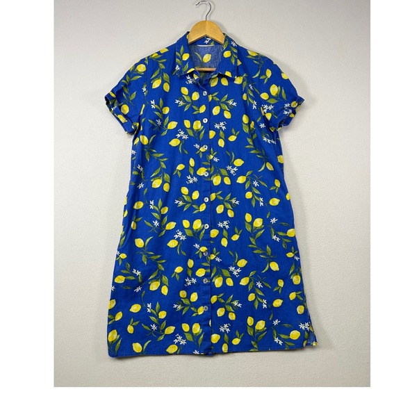 Unknown Dresses & Skirts - Fruit Core Lemon Print Women Blue Yellow Cotton Linen Button Front Shirt Dress